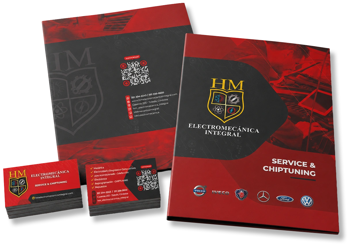 Piezas impresas, tarjetas y carpetas institucionales diseñadas para HM Electromecánica Integral