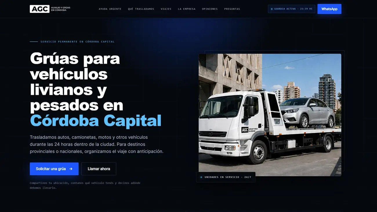 Diseño web one page para empresa de auxilio y grúas en Córdoba
