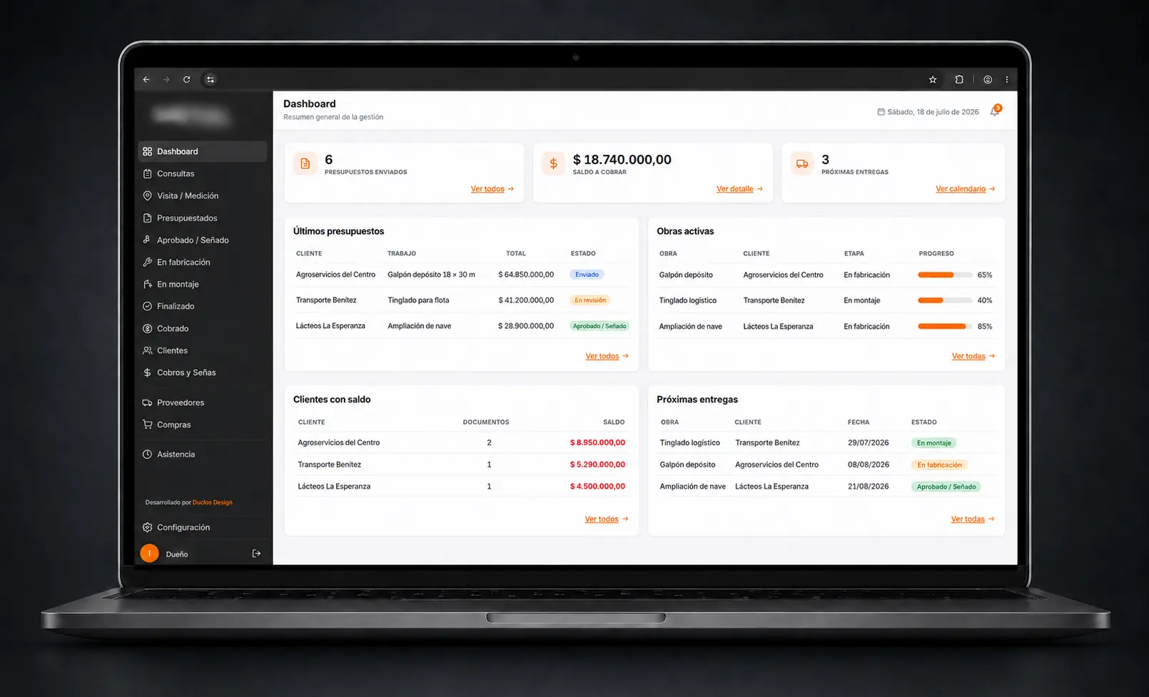 Dashboard de sistema web para gestionar presupuestos, obras, clientes, cobros y entregas de una metalúrgica